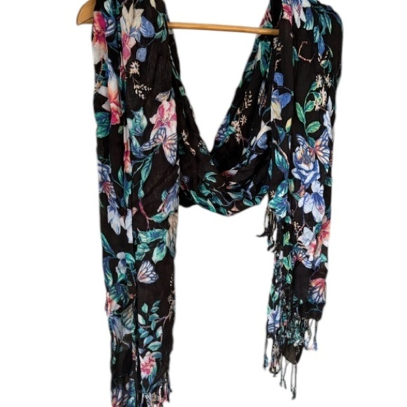 Chicos Floral Black Scarf NEW fringe butterfly garden shawl pashima rayon wrap - Picture 1 of 4